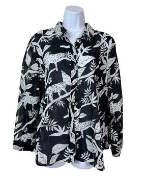 Talbots Black White Garden Button Up Shirt Top XL Petite 100% Cotton Sheer